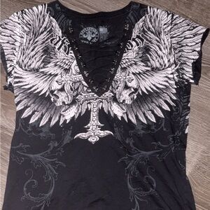Affliction Black Lace-Up V-Neck Tee with White Wing & Skull Graphic